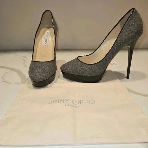 Jimmy Choo London Flannel Wool Patent Leather Platform Stiletto Heels Size 39 - Picture 1 of 10